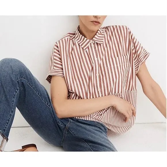 Madewell Striped ButtonUp Shirt Red White j.crew blouse jcrew top dolman j. Crew - Picture 1 of 7